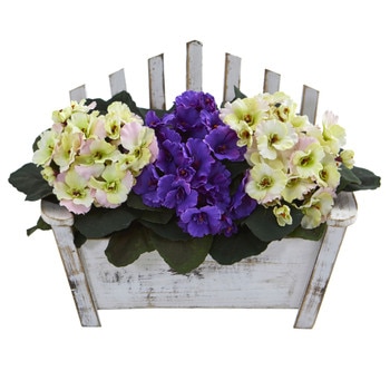 African Violet Artificial Plant in Wooden Bench Planter - SKU #6414-PP